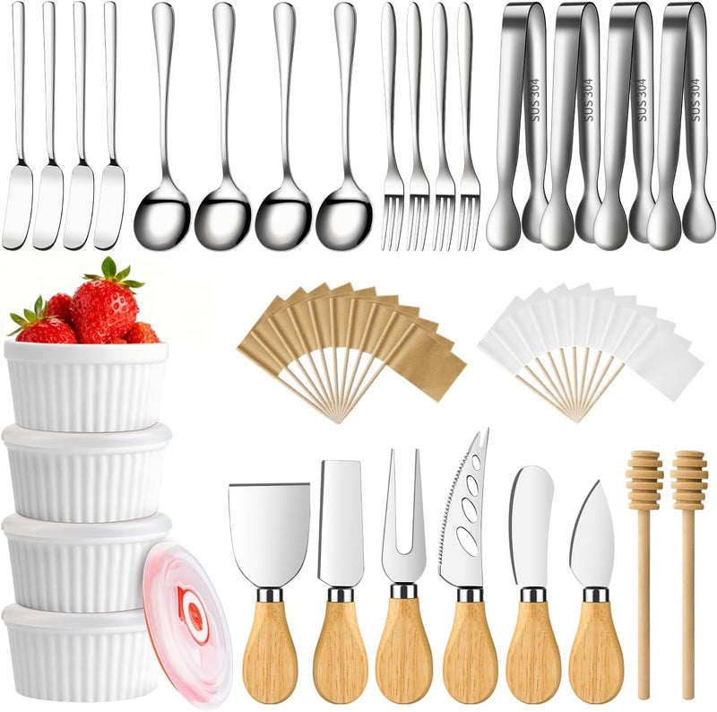 ELIMTEC Charcuterie Boards Accessories Bowls Utensils, Cheese Knife Set Mini Butter Spreader, Serving Tongs, Forks, Spoons, Dipping Bowls with Lids, Toothpick Flags, Honey Dippers For Party Platter Making - Image 1
